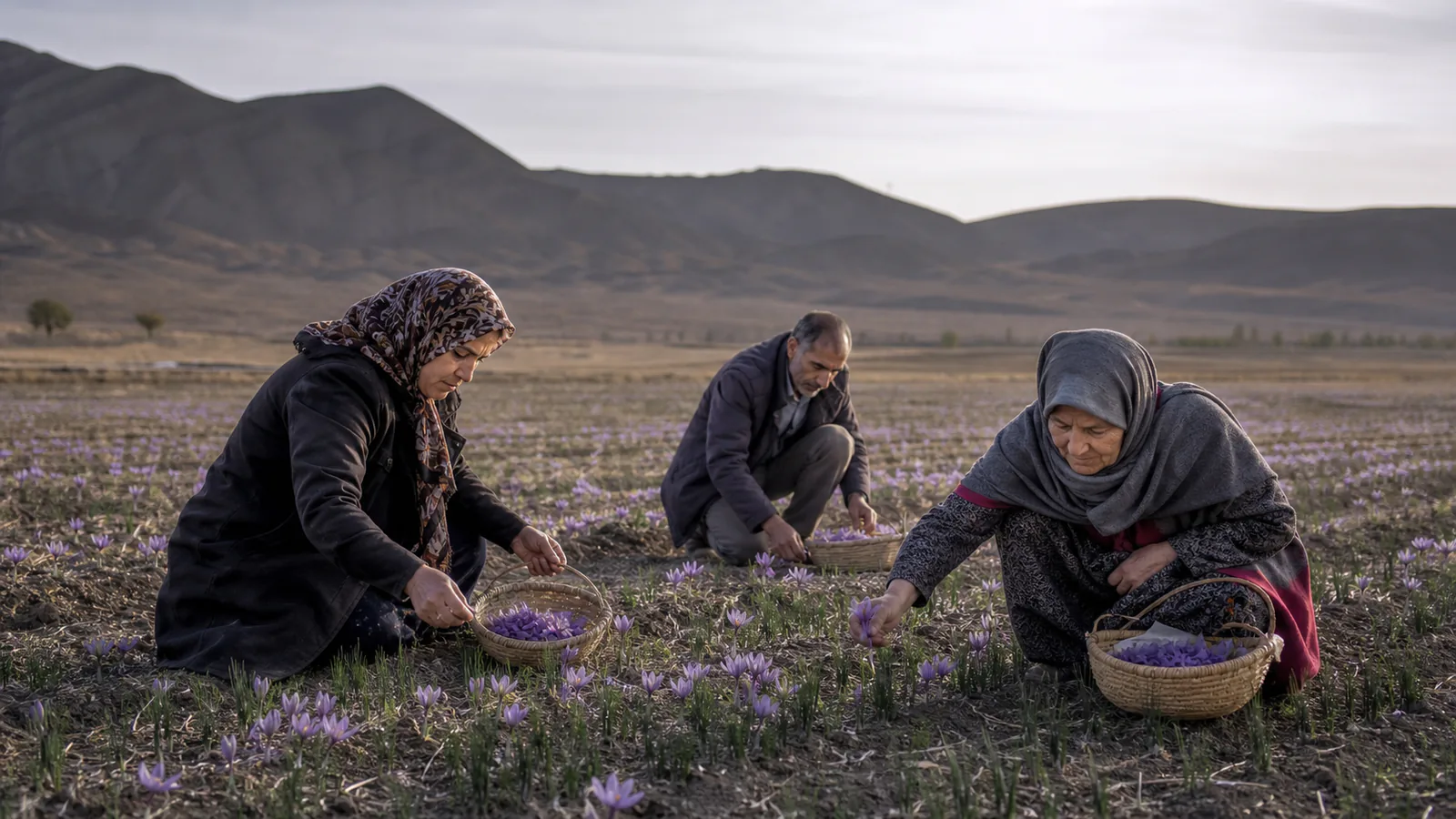 Family harvesting saffron in a South Khorasan field