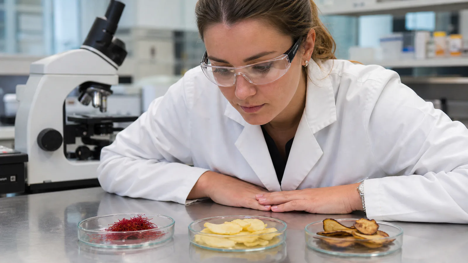 Food scientist examining saffron beside cooked potato samples