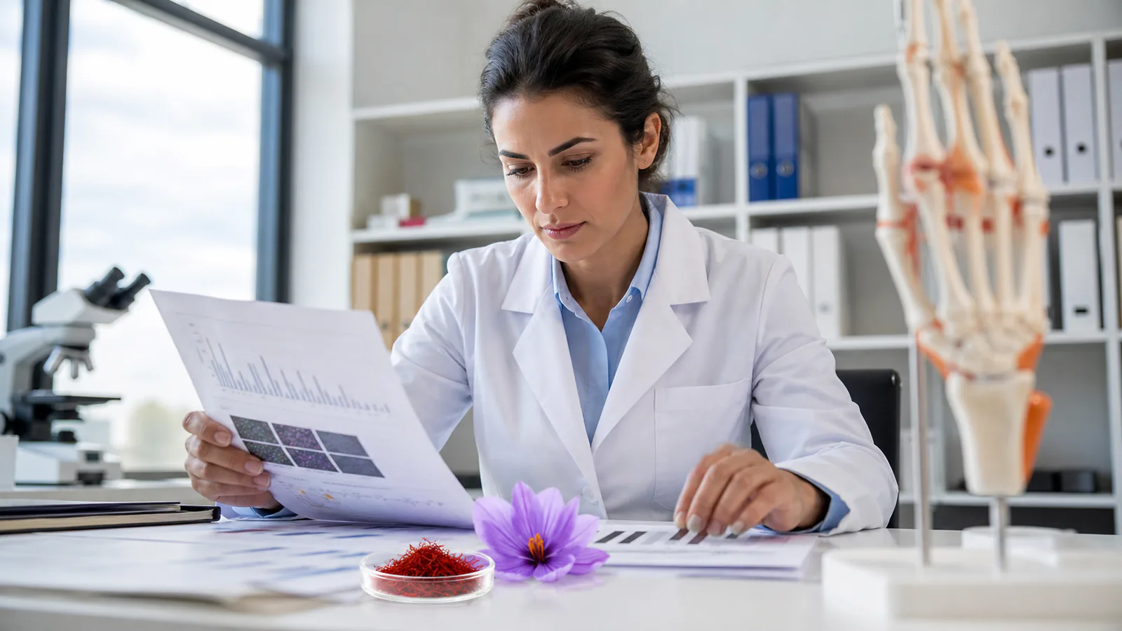 Researcher reviewing saffron pain and inflammation studies