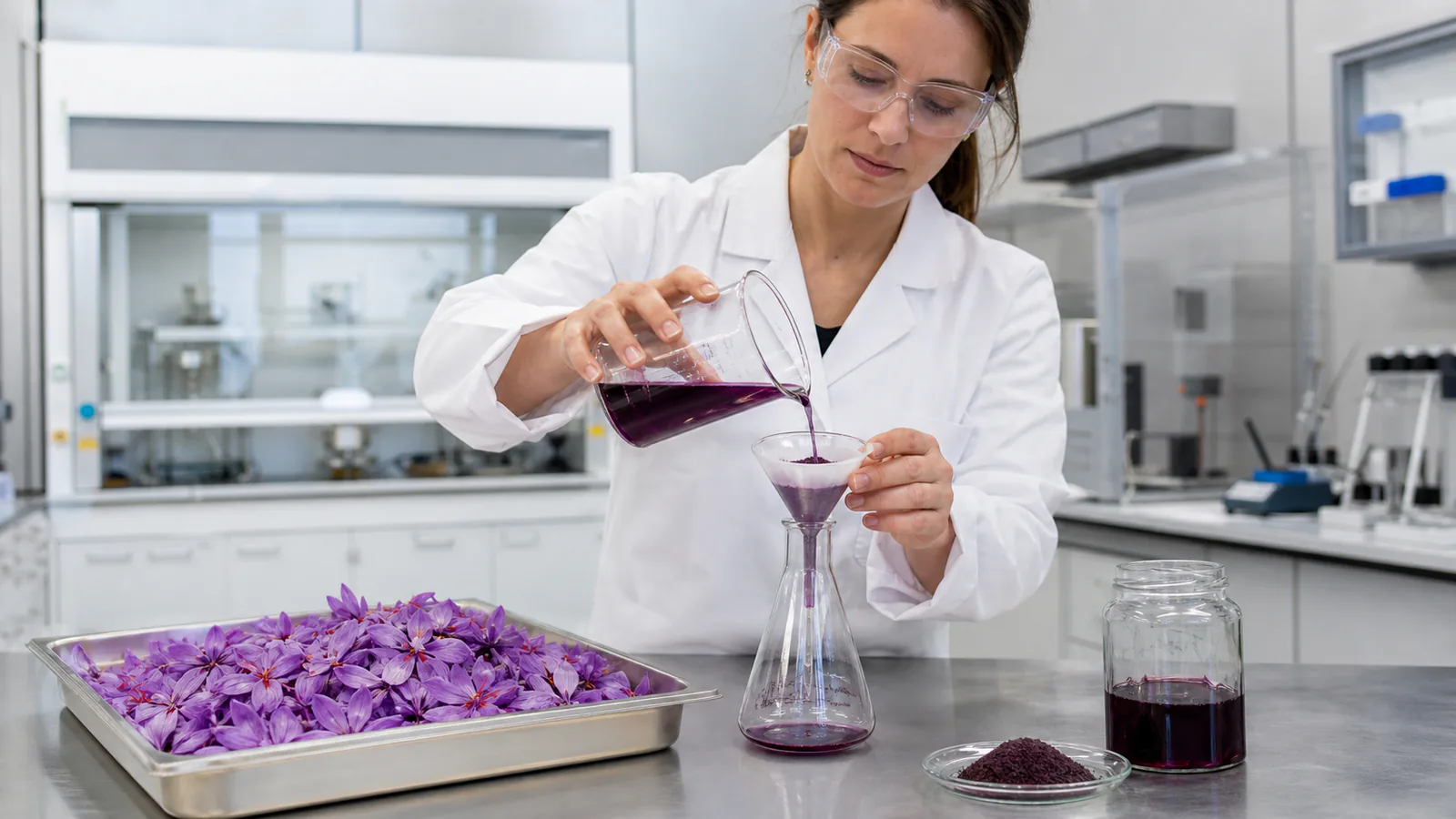 Food scientist extracting purple color from saffron petals