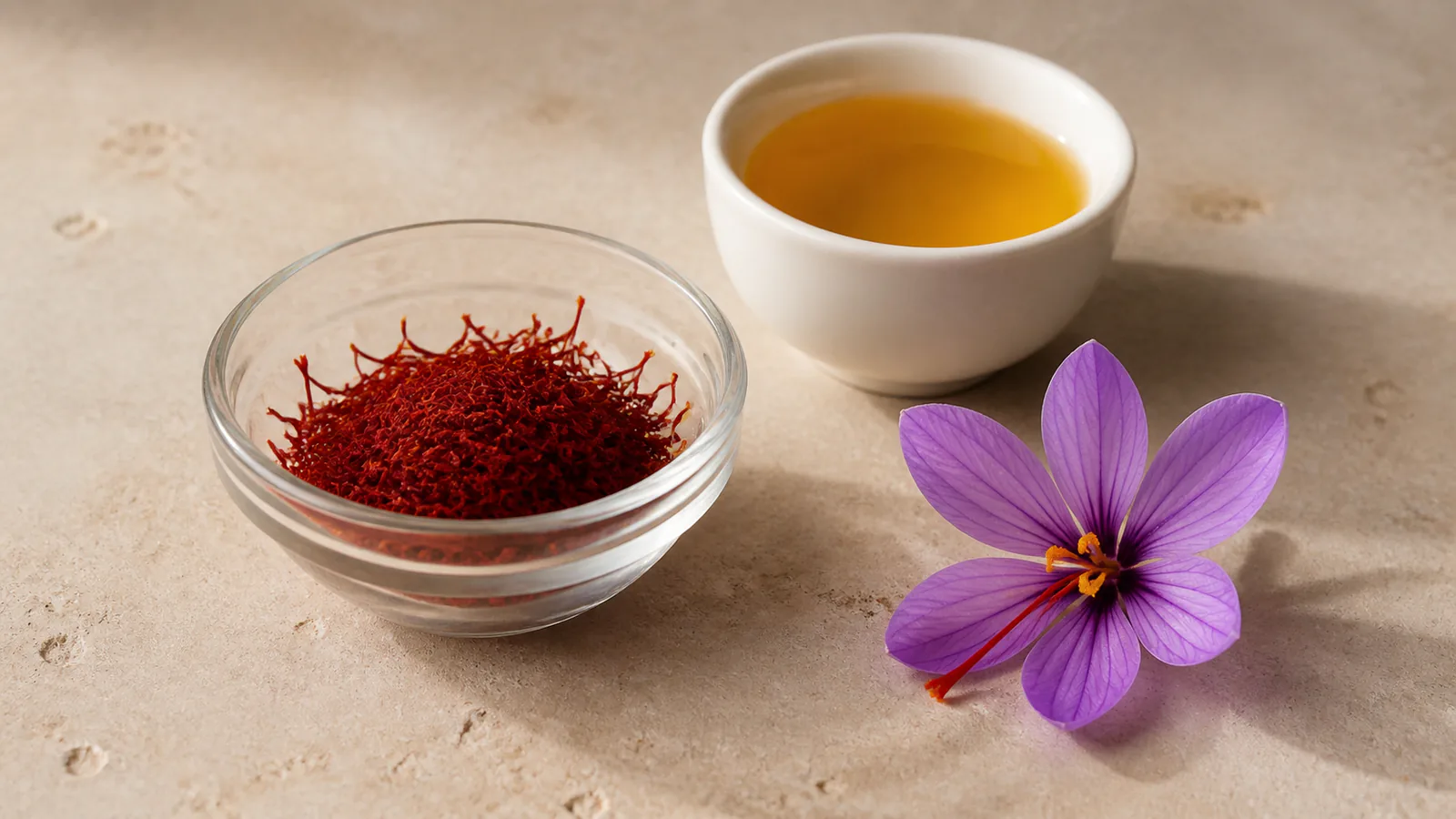 Saffron threads, golden infusion and a Crocus sativus flower