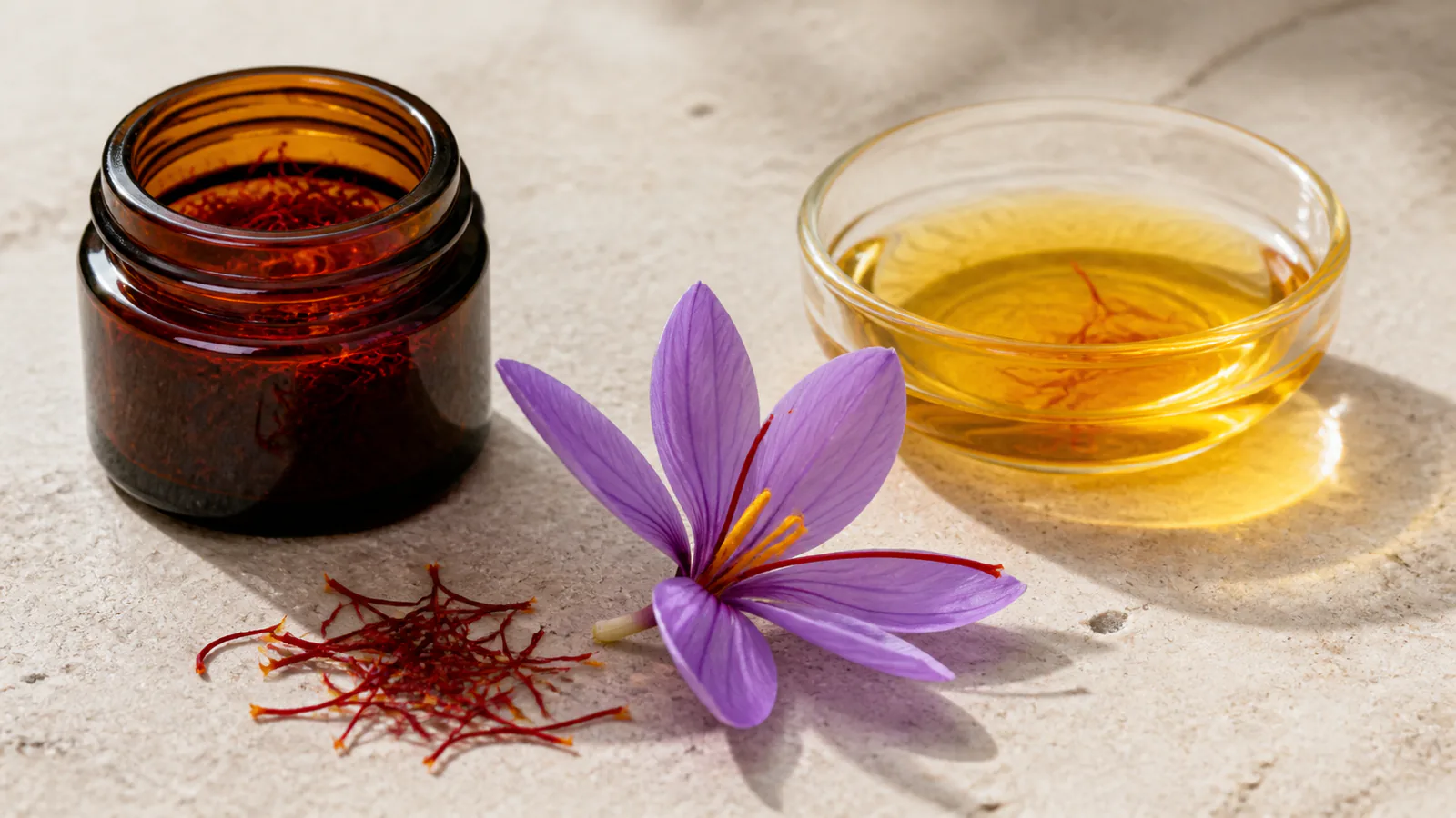 Saffron threads, crocus flower and golden infusion for quality inspection