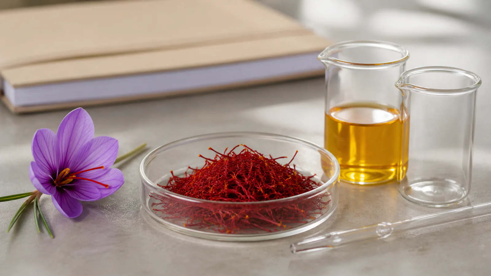 Saffron threads and golden extract arranged for laboratory study