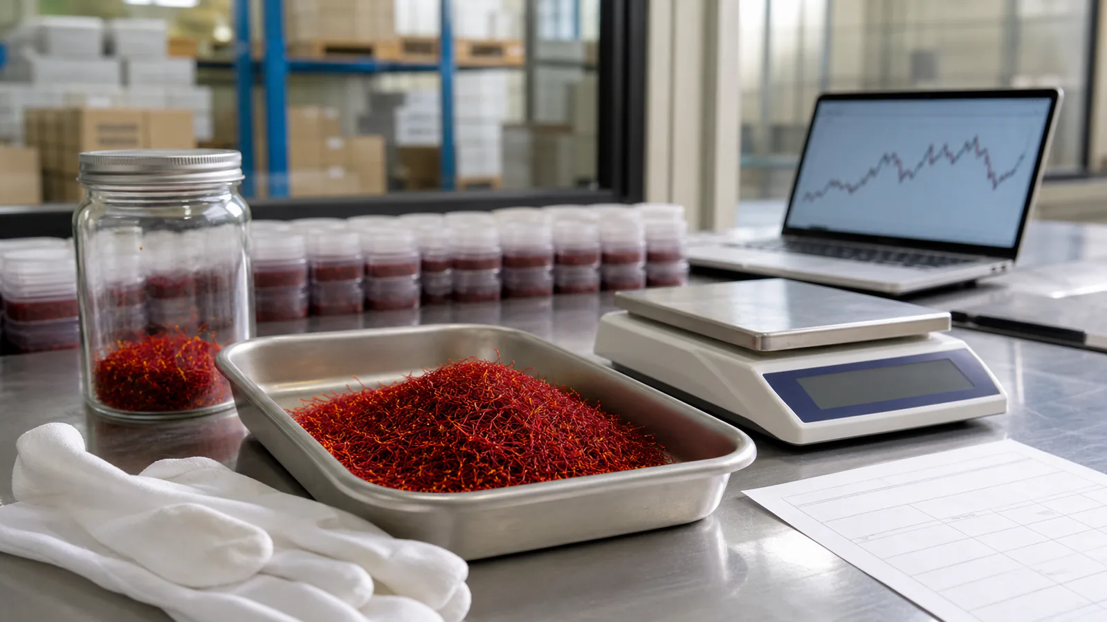 Saffron warehouse sample being prepared for commodity trading