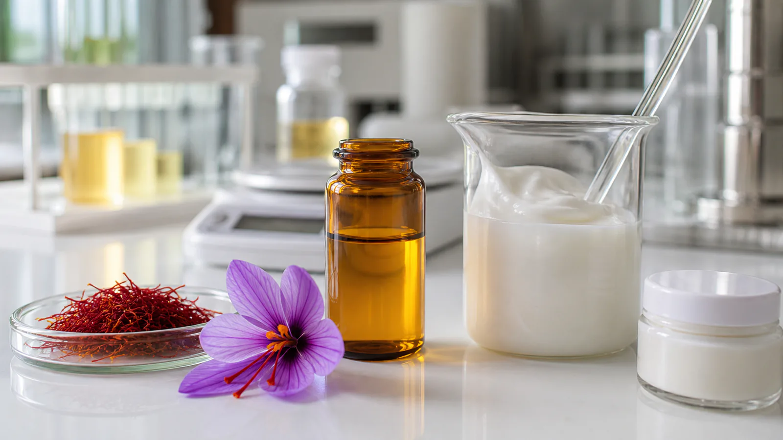 Saffron threads and neutral cream on a cosmetic formulation bench