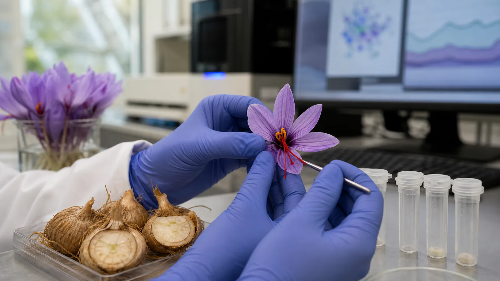 Researcher examining a saffron flower and corms in a plant genetics laboratory