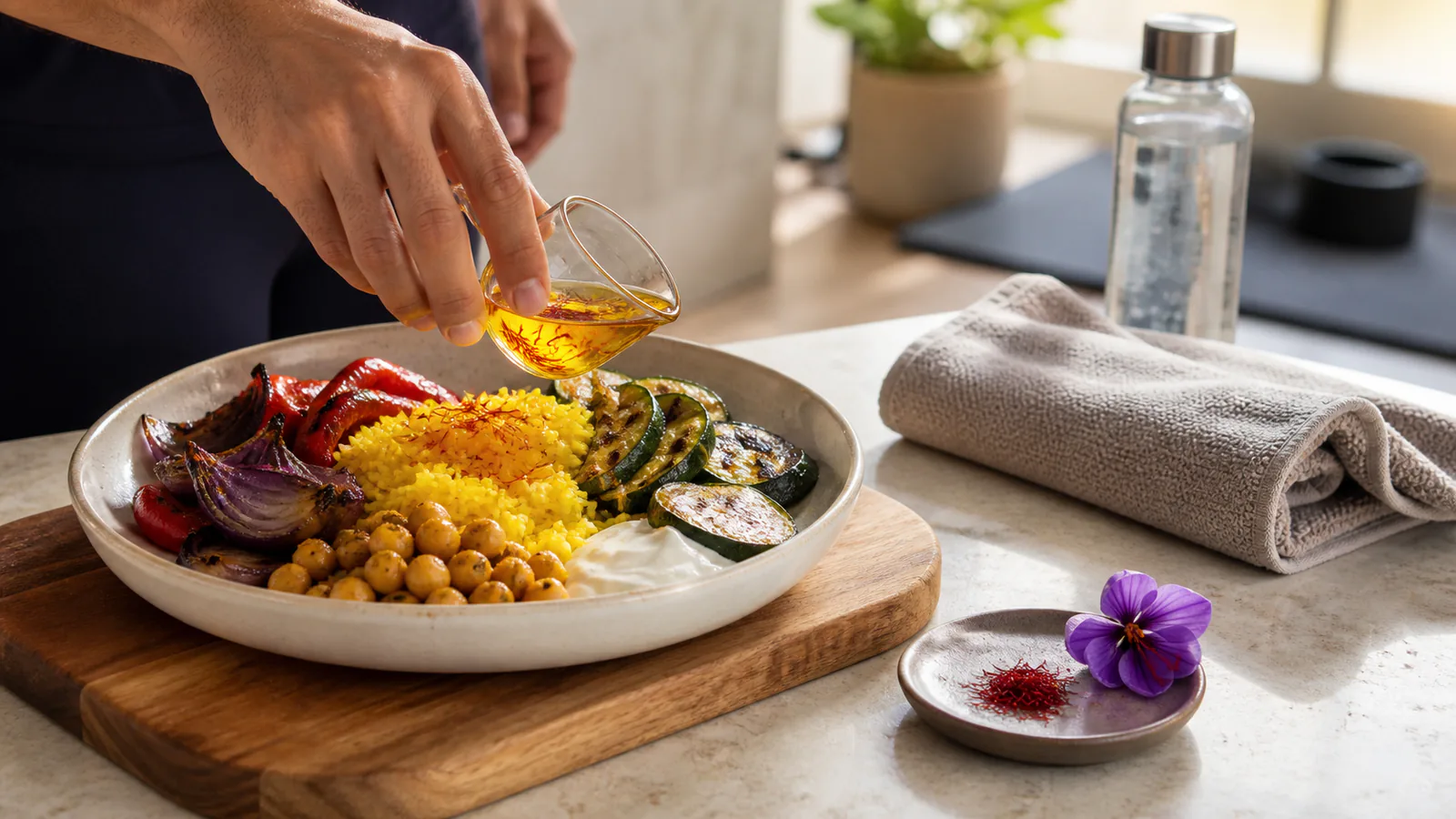 Athlete pouring saffron infusion over a balanced recovery meal