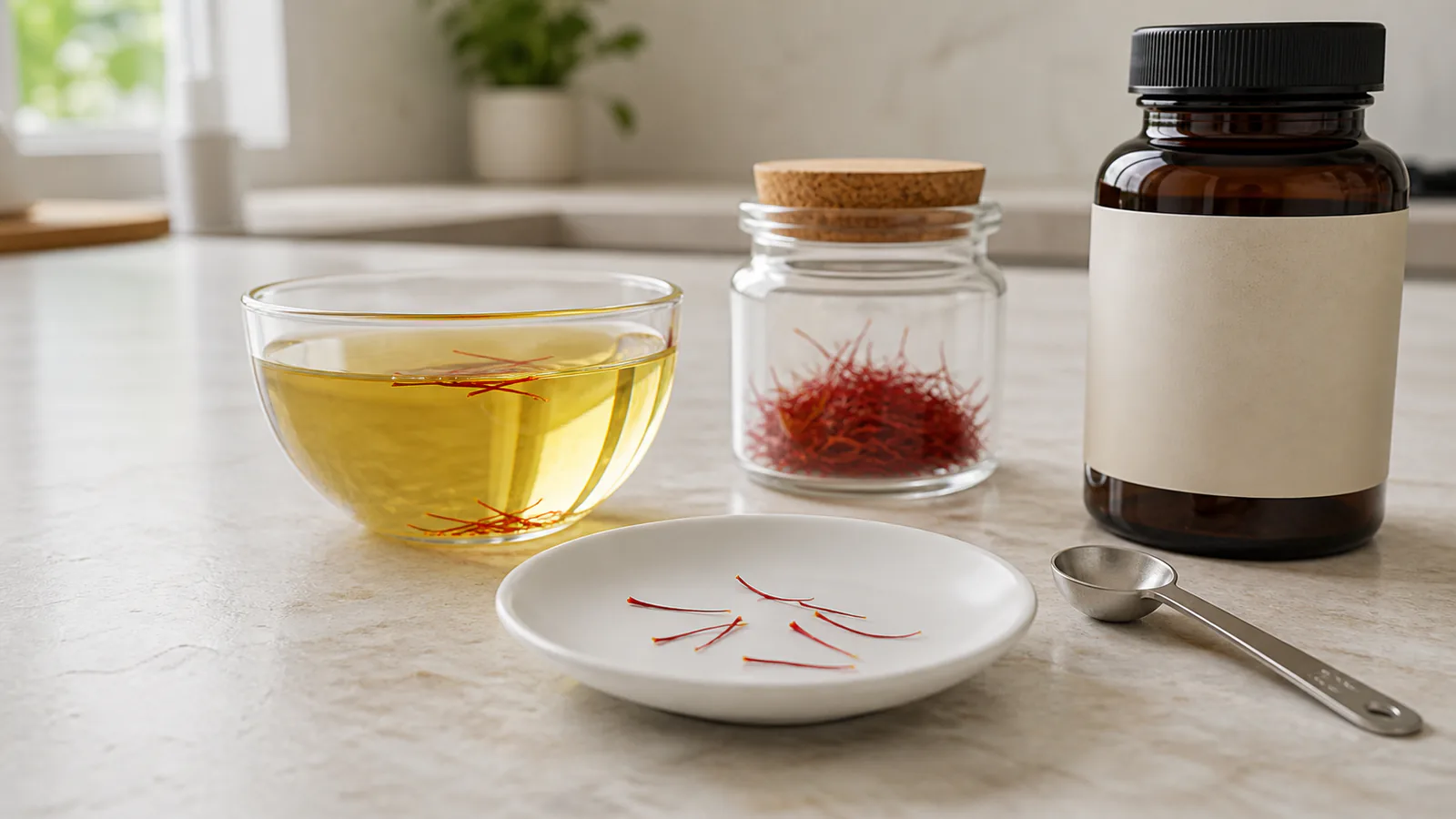 Small culinary amount of saffron beside an infusion, storage jar and unlabelled supplement bottle