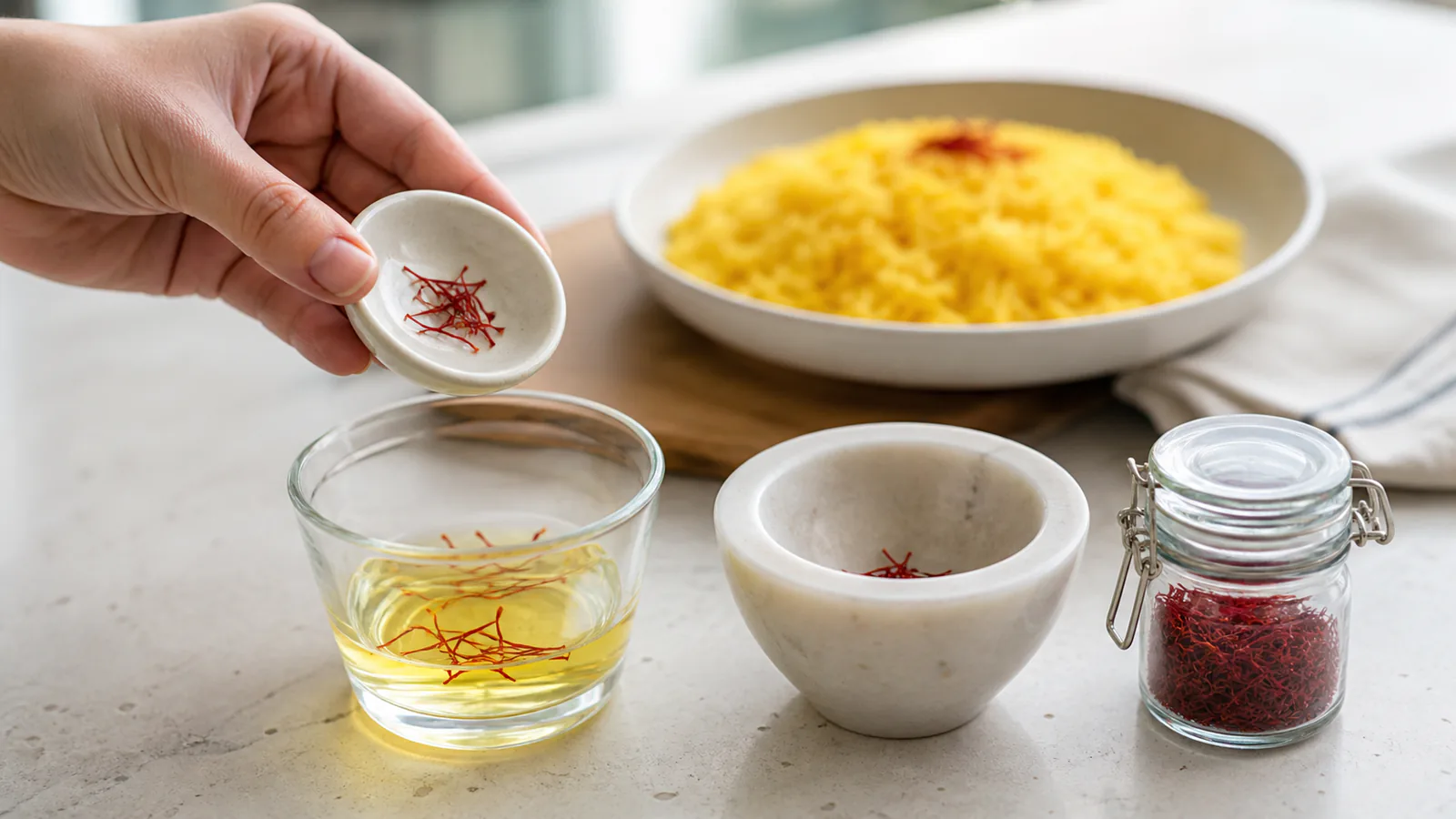 Cook adding a small measured amount of saffron to warm water beside an airtight storage jar