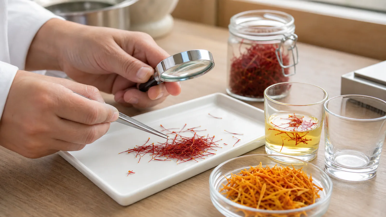 Food technician inspecting saffron threads beside warm-water samples and separate safflower petals