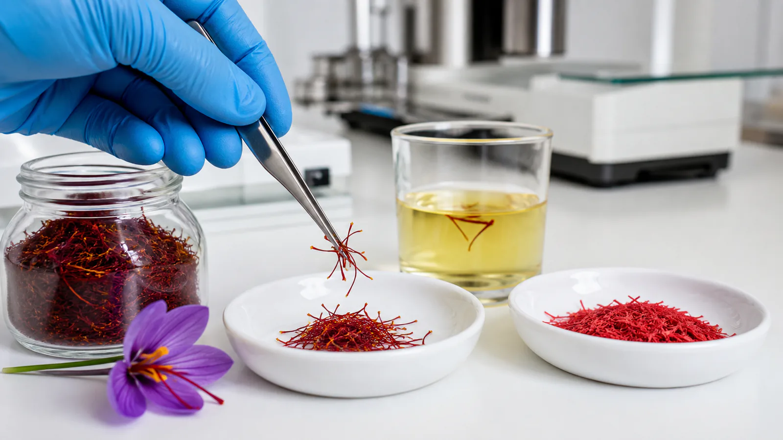 Technician comparing genuine saffron threads with a separate suspicious red sample in a food laboratory