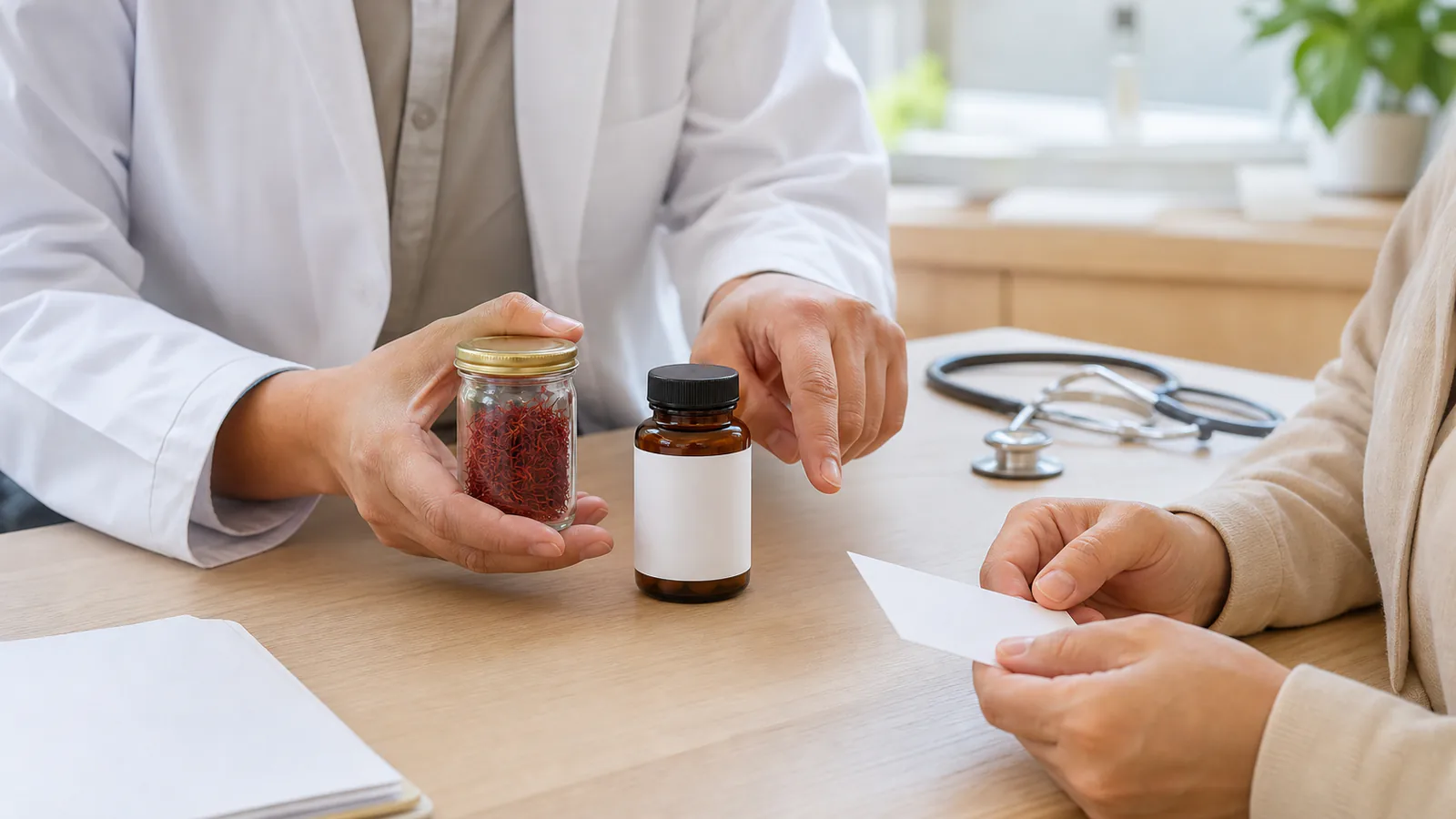 Healthcare professional discussing culinary saffron and a separate unlabelled supplement with an adult