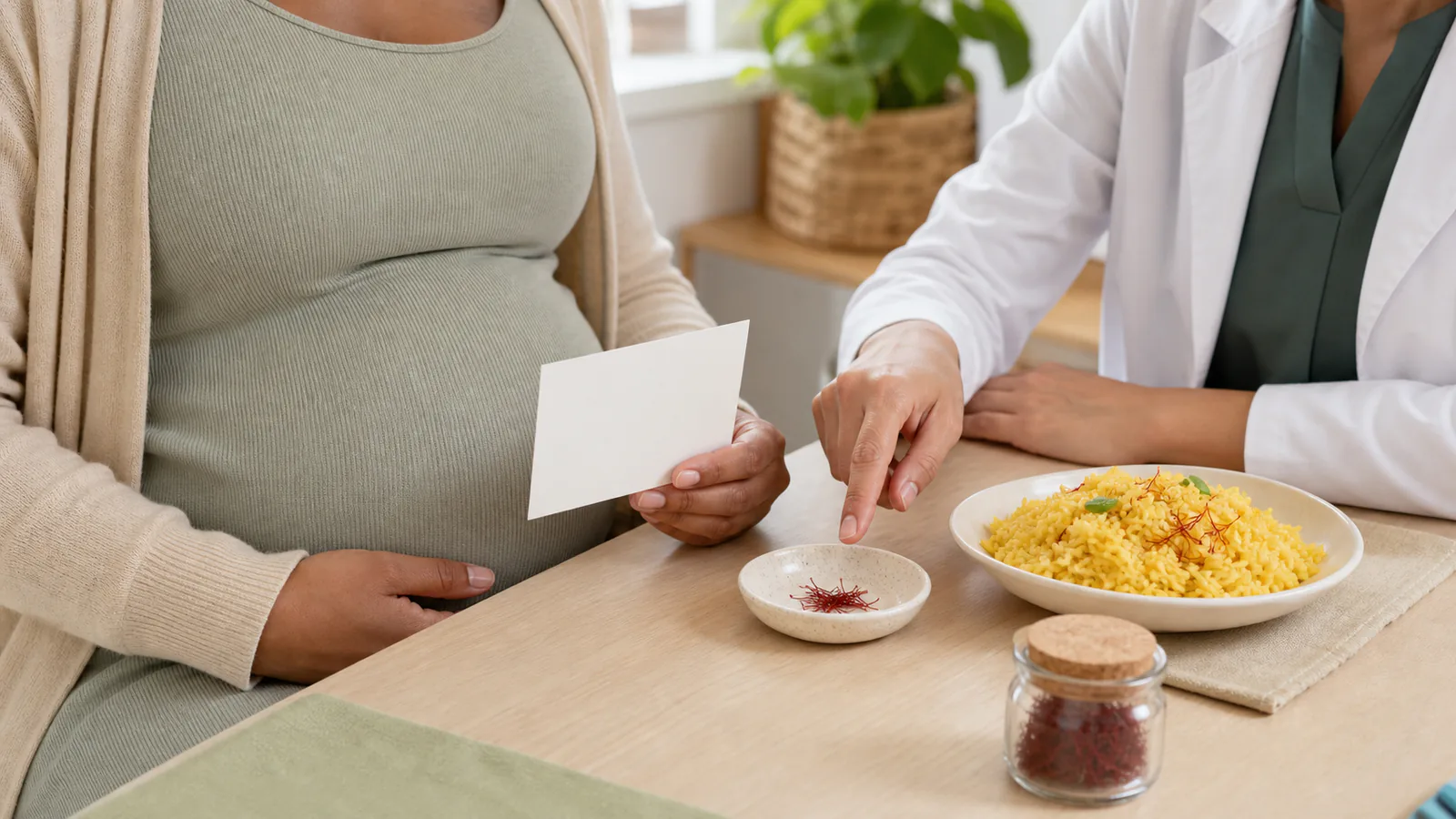 Pregnant adult discussing a small culinary amount of saffron with a healthcare professional
