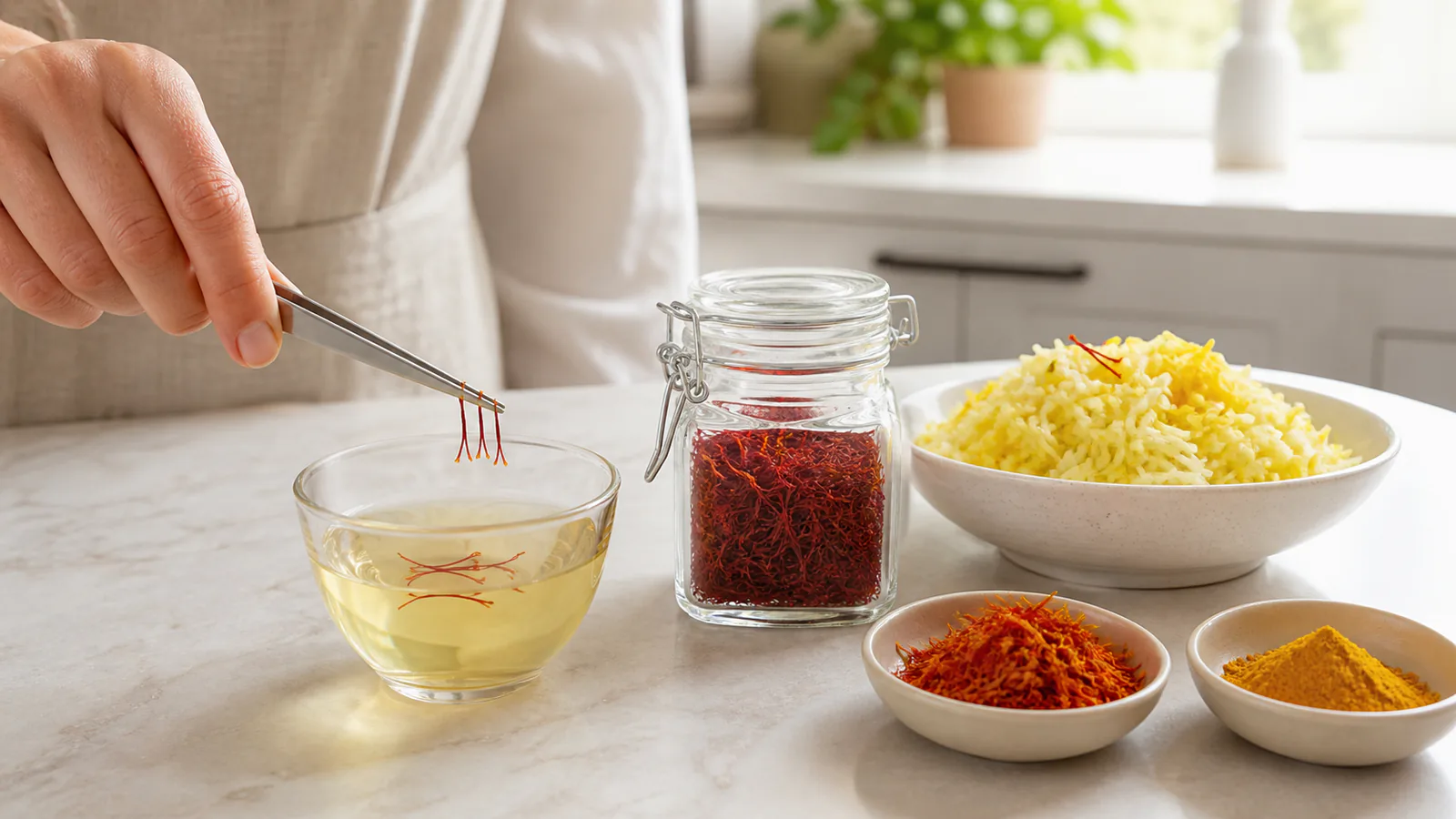 Cook infusing a few saffron threads beside stored saffron, rice, and separate safflower and turmeric samples