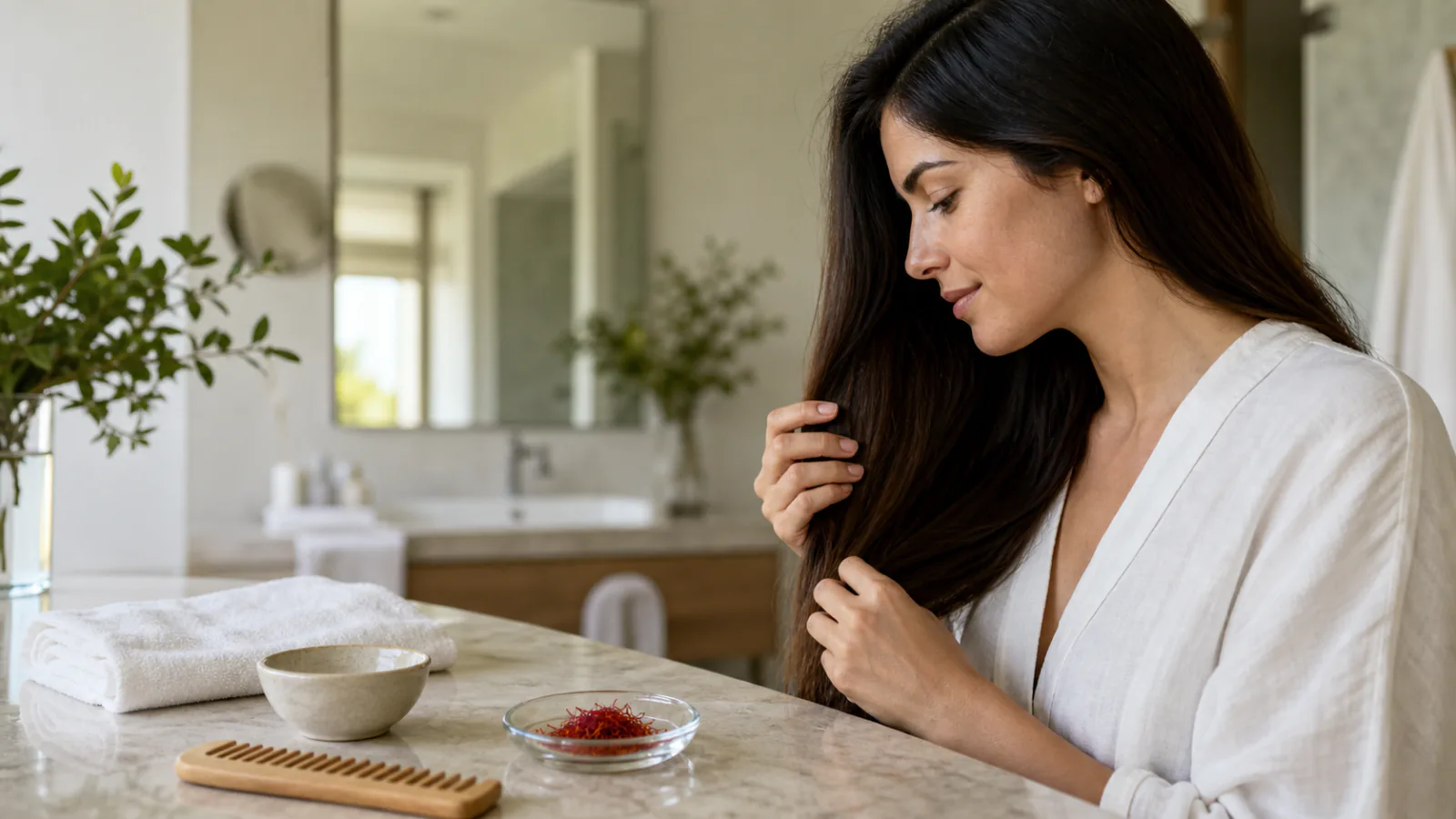 Woman gently caring for her hair beside a small dish of saffron threads