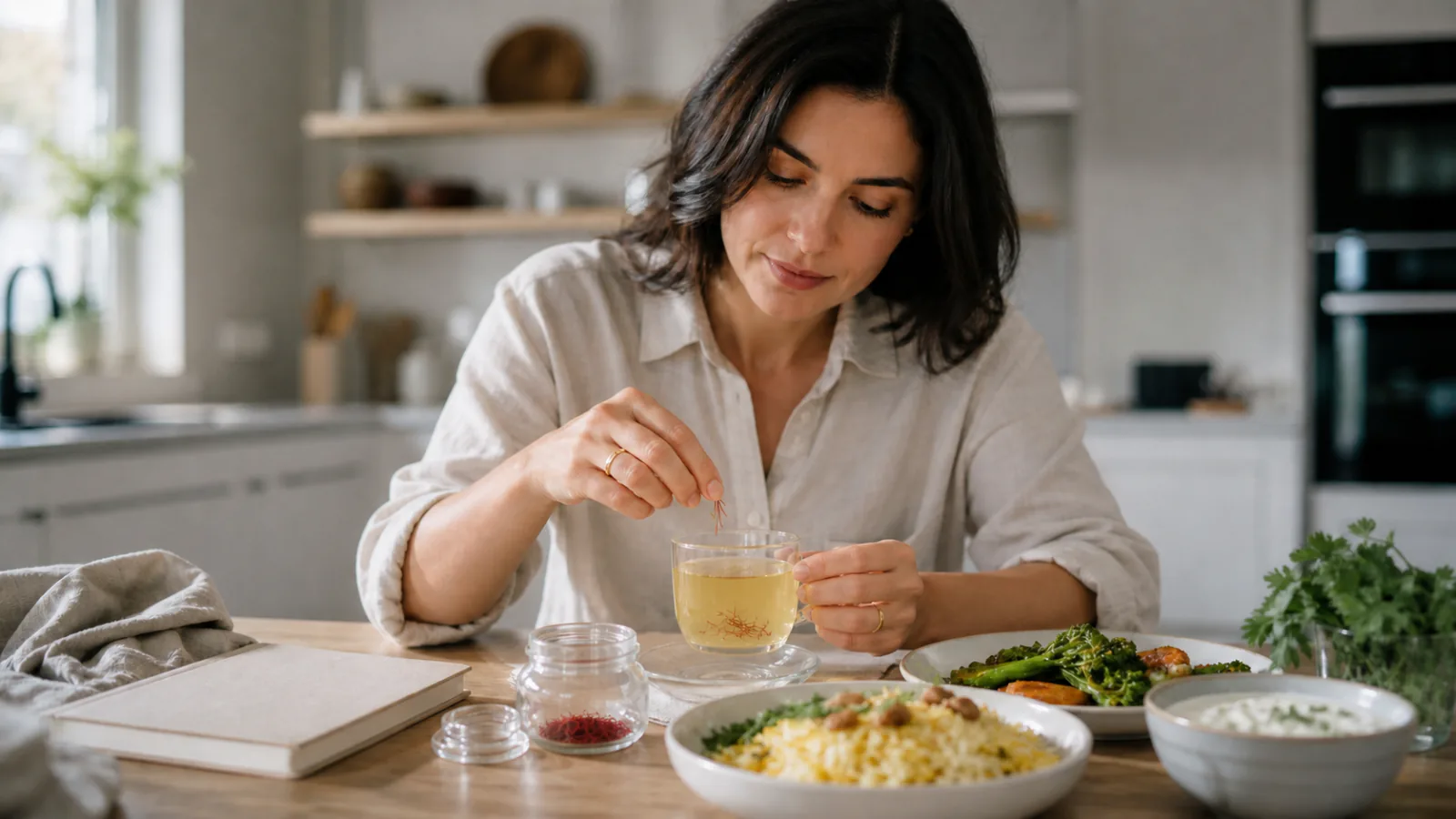 Woman adding a few saffron threads to an infusion beside a balanced meal