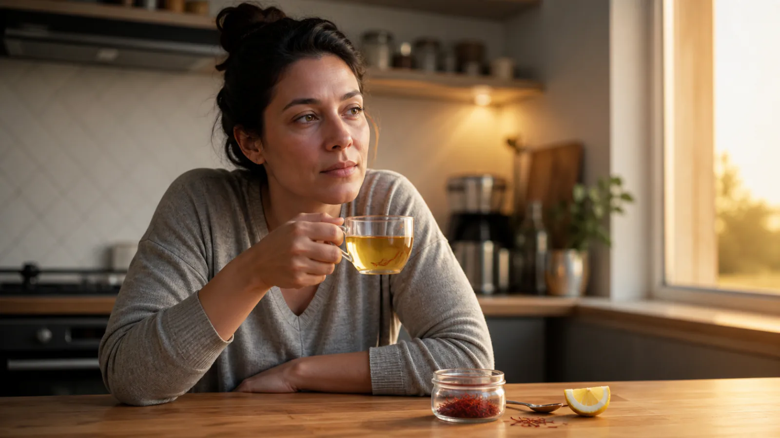 Woman taking a quiet break with a cup of golden Iranian saffron tea