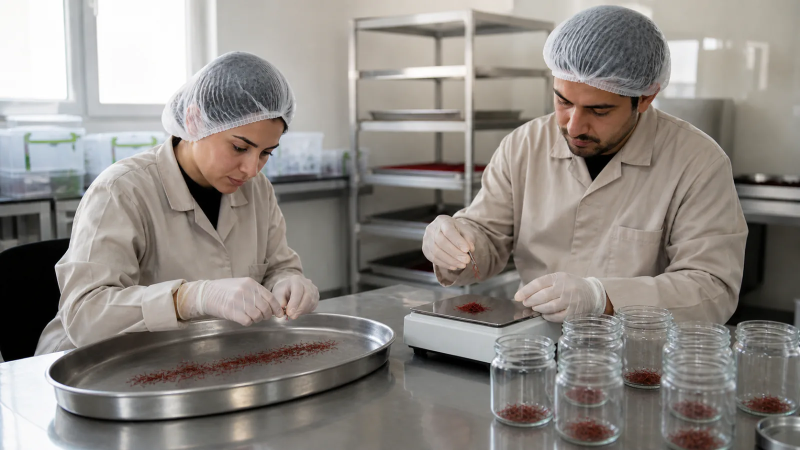 Workers inspecting and weighing saffron in a clean processing room
