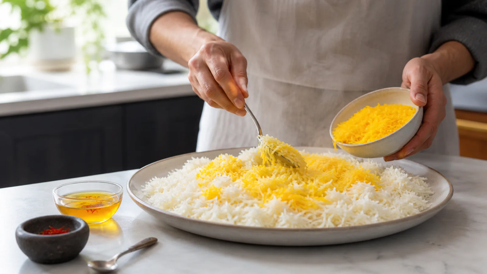 Cook folding golden saffron rice into a platter of white basmati rice