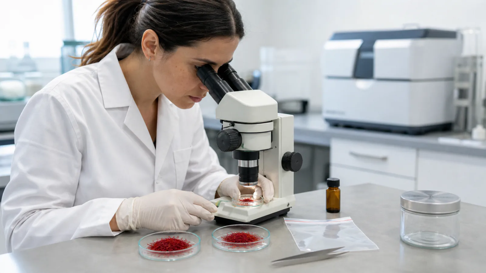 Food scientist examining saffron thread samples under a microscope