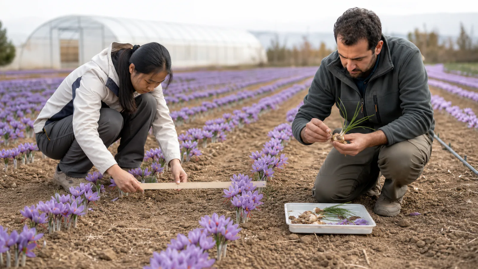 Two agronomists examining saffron rows and corms in a research field