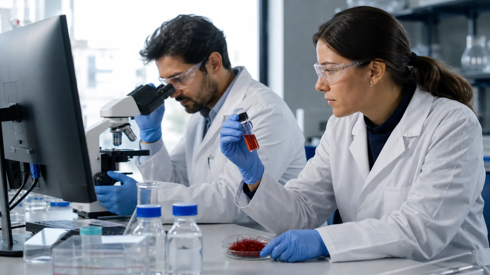 Cancer researcher examining a saffron extract sample in a laboratory