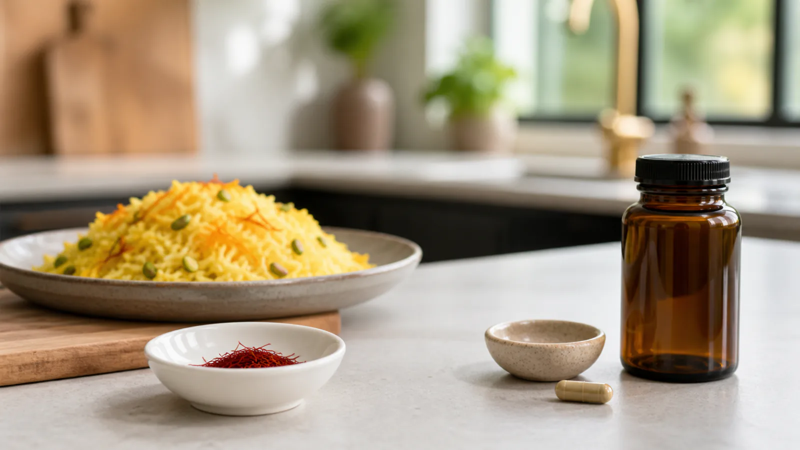 Small culinary portion of saffron beside a measured supplement capsule