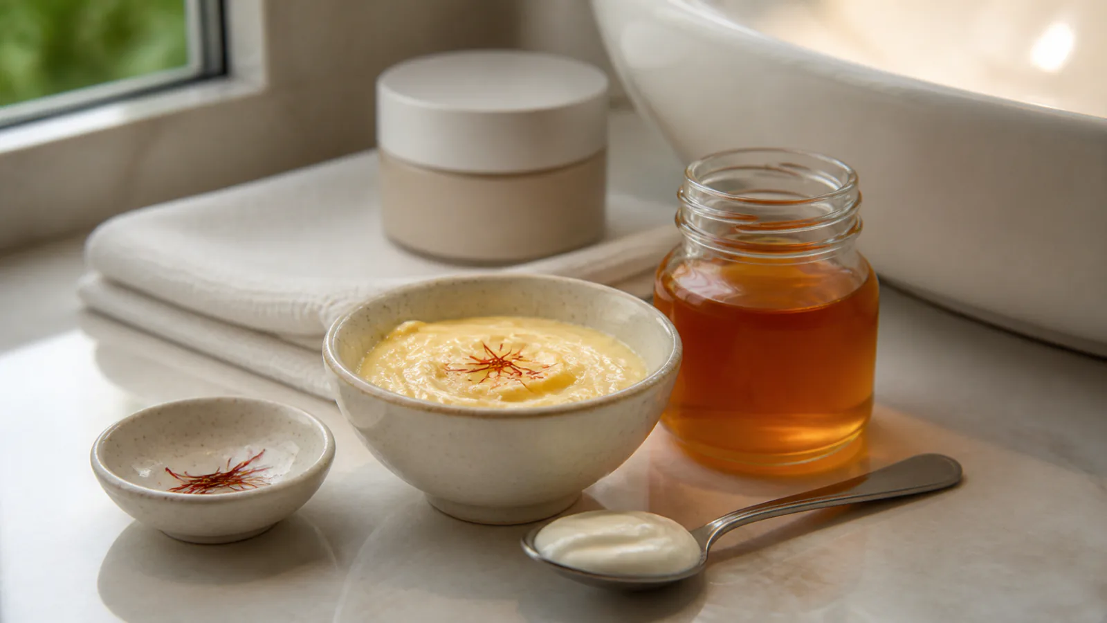 Small bowl of saffron yogurt and honey facial mask