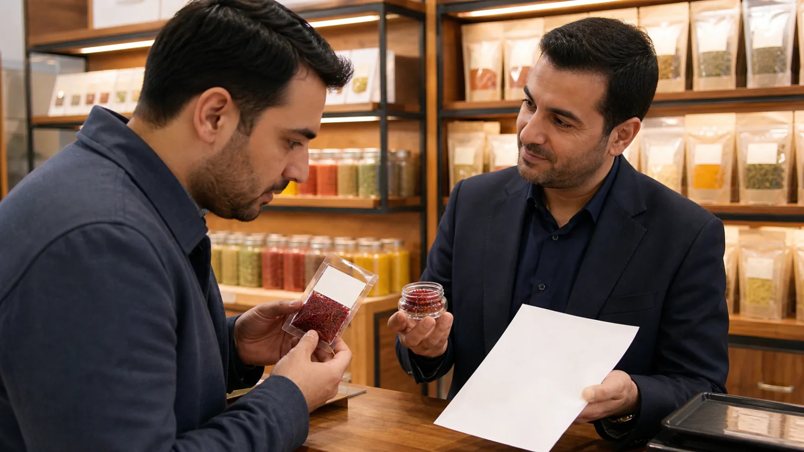 Customer examining packaged Persian saffron in a Mashhad spice shop