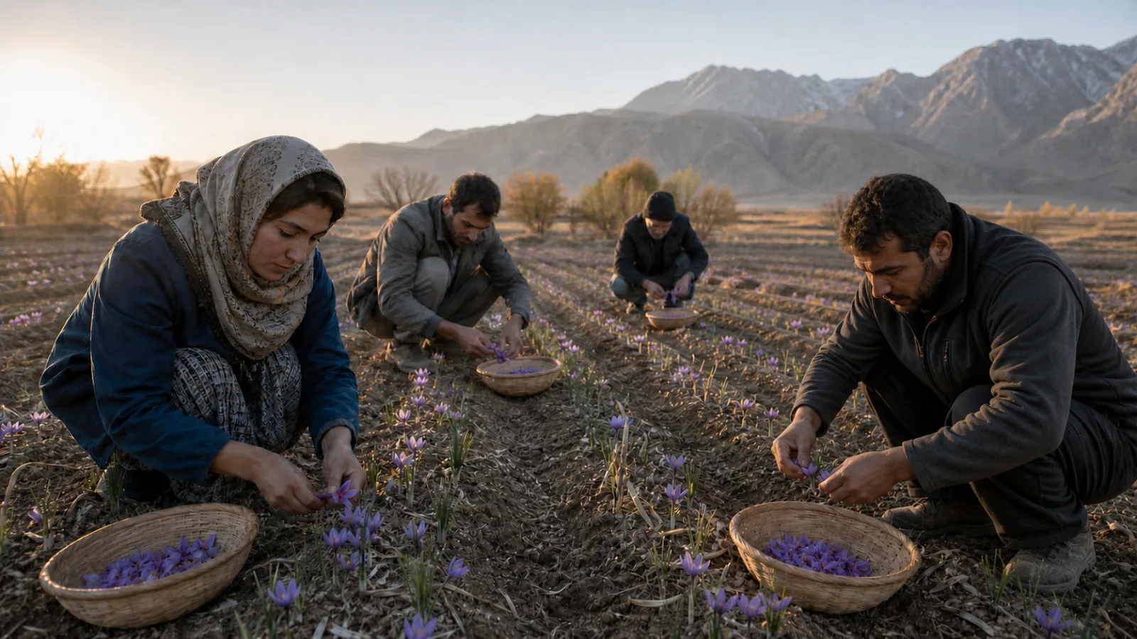 Workers harvesting saffron flowers at dawn in Khorasan