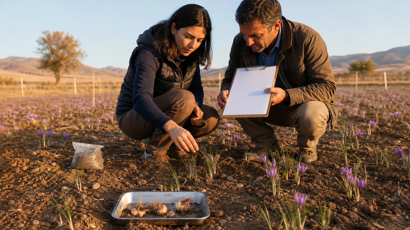 Agronomist inspecting an organic saffron field and farm records