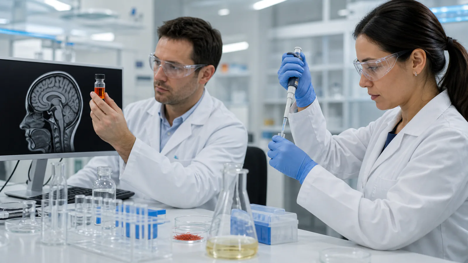 Researchers studying crocin and memory in a neuroscience laboratory