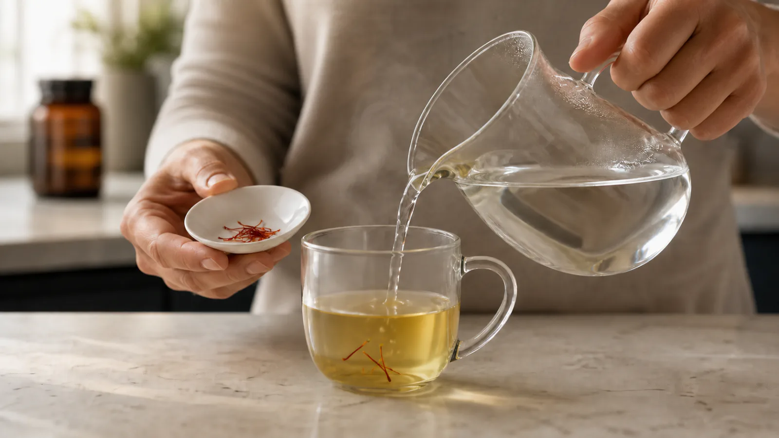 A small cup of saffron tea prepared with a measured pinch of threads