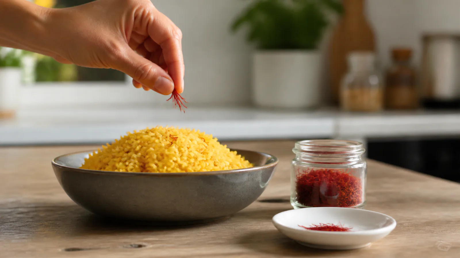 An adult measuring a small pinch of saffron over a bowl of golden rice