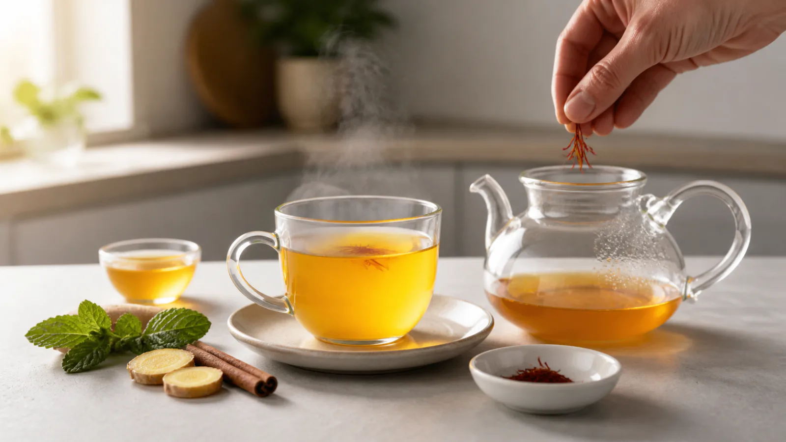 An adult adding saffron threads to a glass teapot beside saffron tea