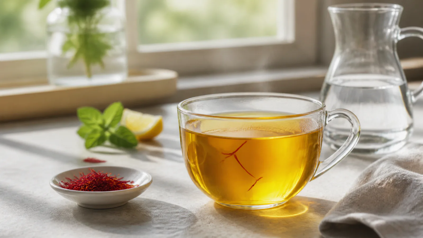 A clear cup of golden saffron tea with visible threads in natural light