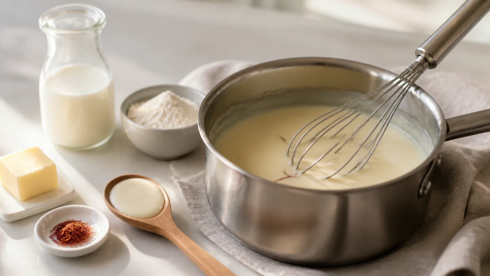White saffron sauce in a saucepan with whisk, milk, butter and flour