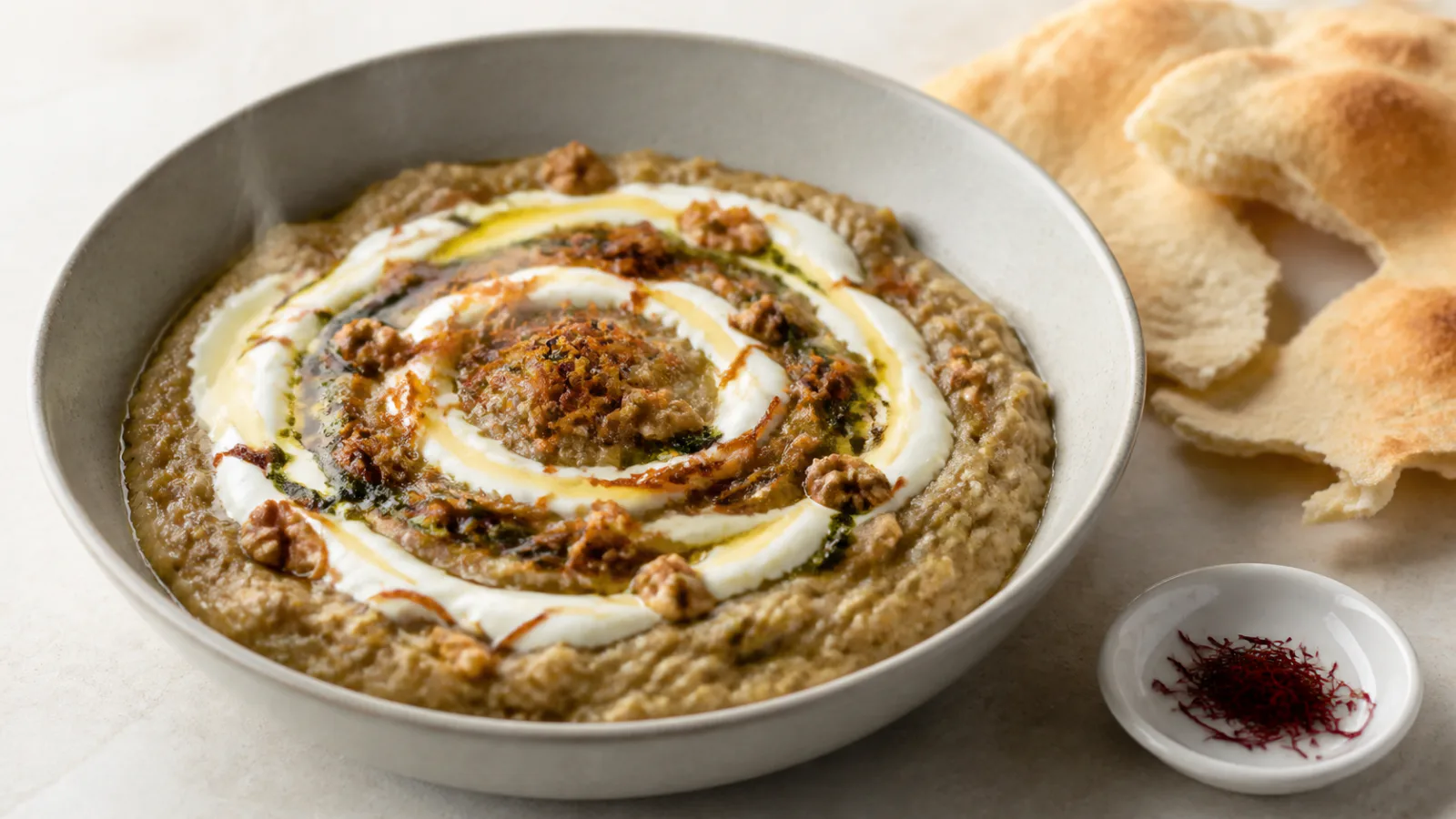 Kashk-e bademjan topped with kashk, fried onion, mint and saffron