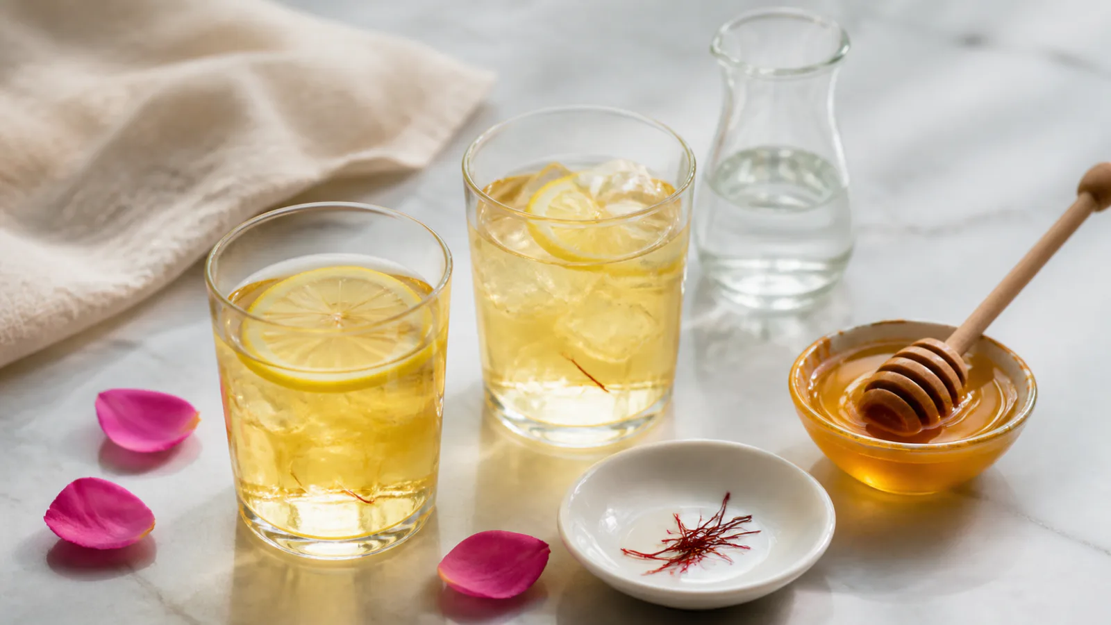 Two glasses of honey, rose water and saffron drink with lemon and ice