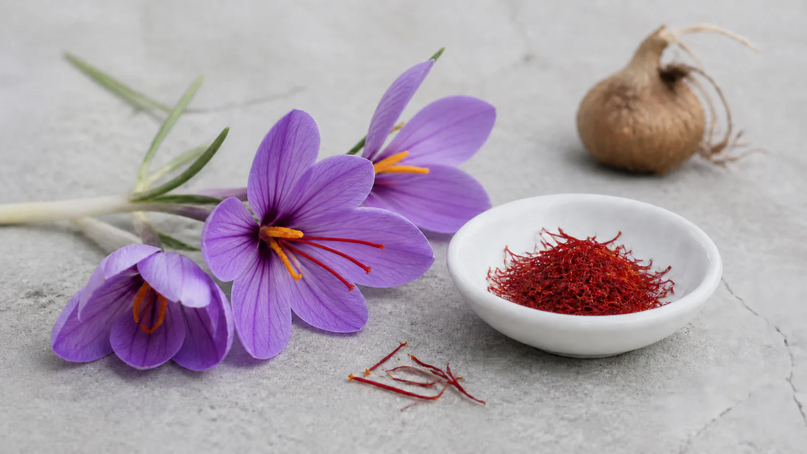 Crocus sativus flowers with three red stigmas, a corm and dried saffron threads