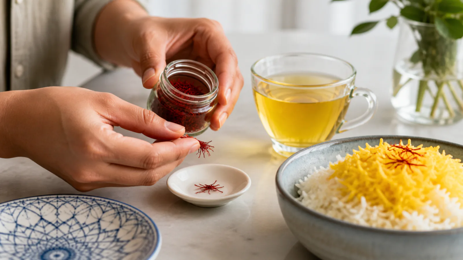 Adult hands measuring saffron threads beside saffron rice and tea