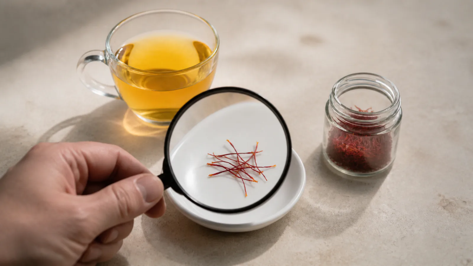 A small pinch of saffron threads examined through a magnifying glass beside tea