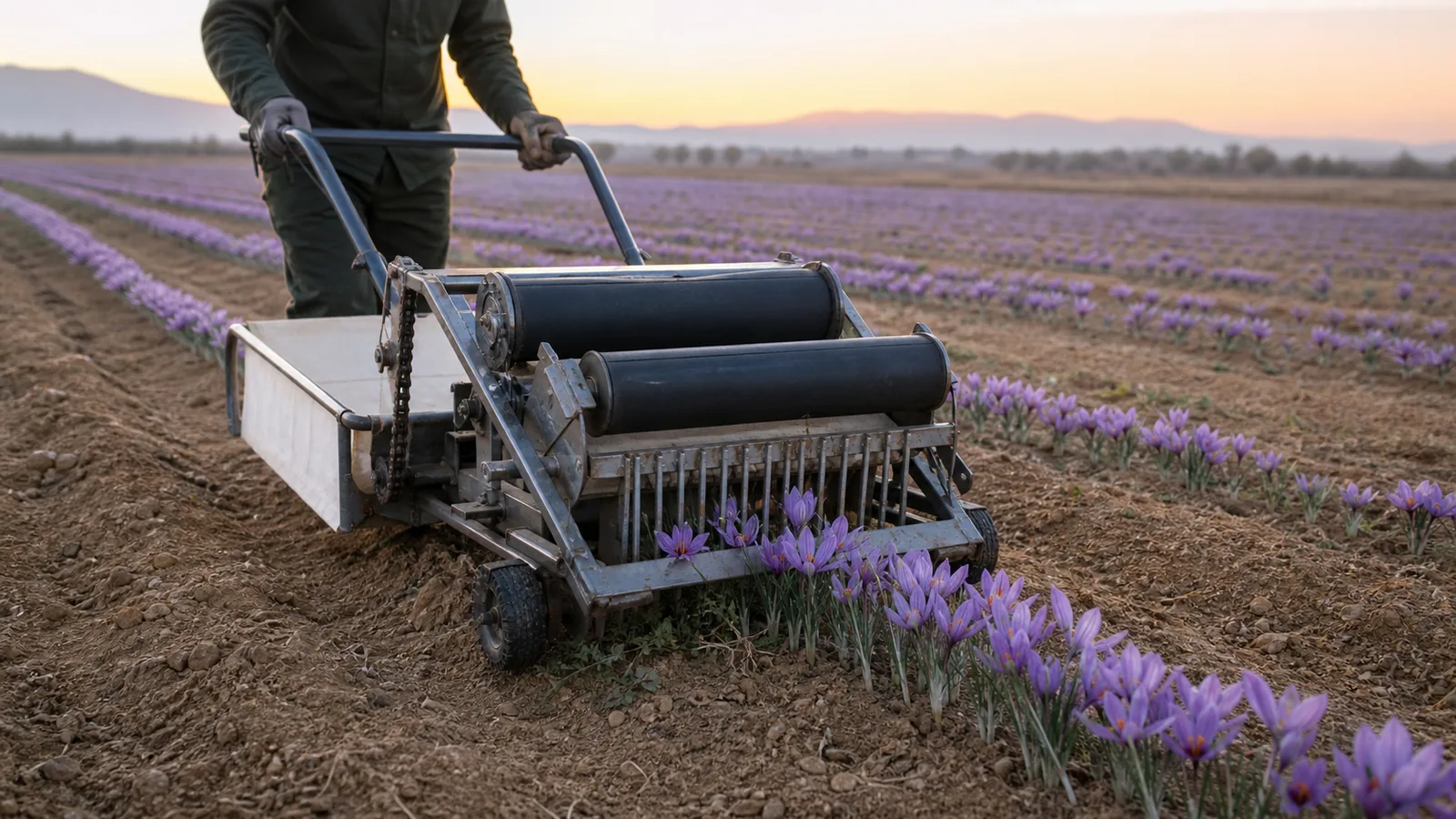 A compact saffron harvesting machine moving through rows of purple flowers