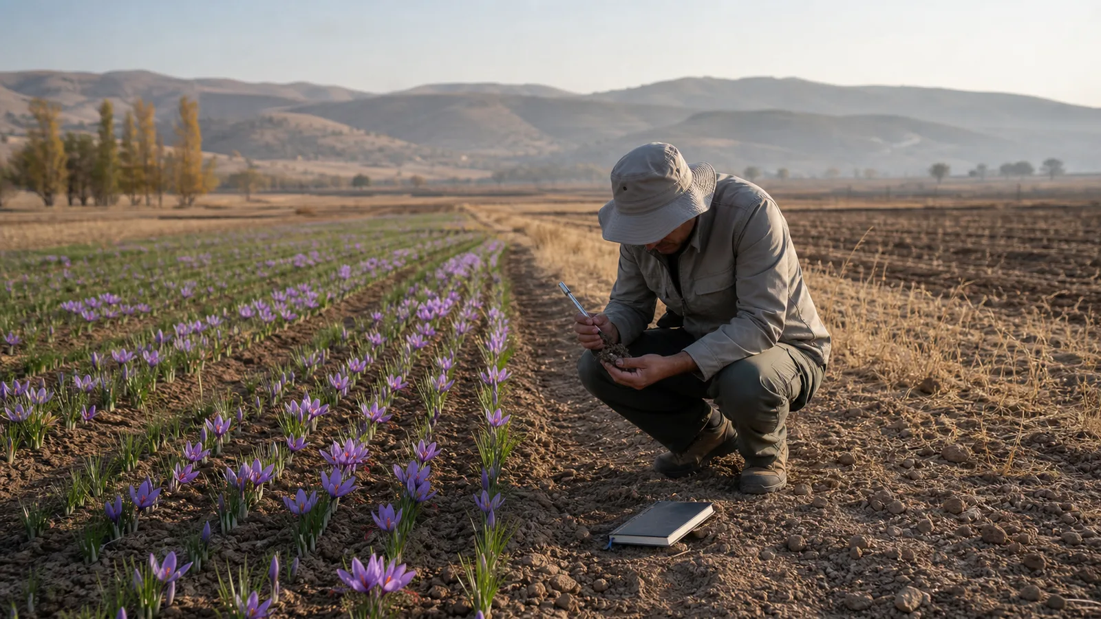 An agronomist examining soil beside healthy rows of saffron flowers