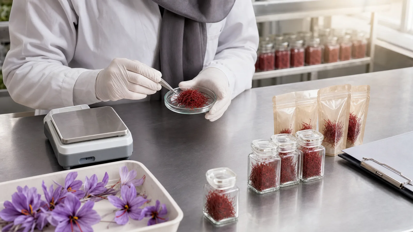 A technician inspecting saffron threads beside sealed export packaging