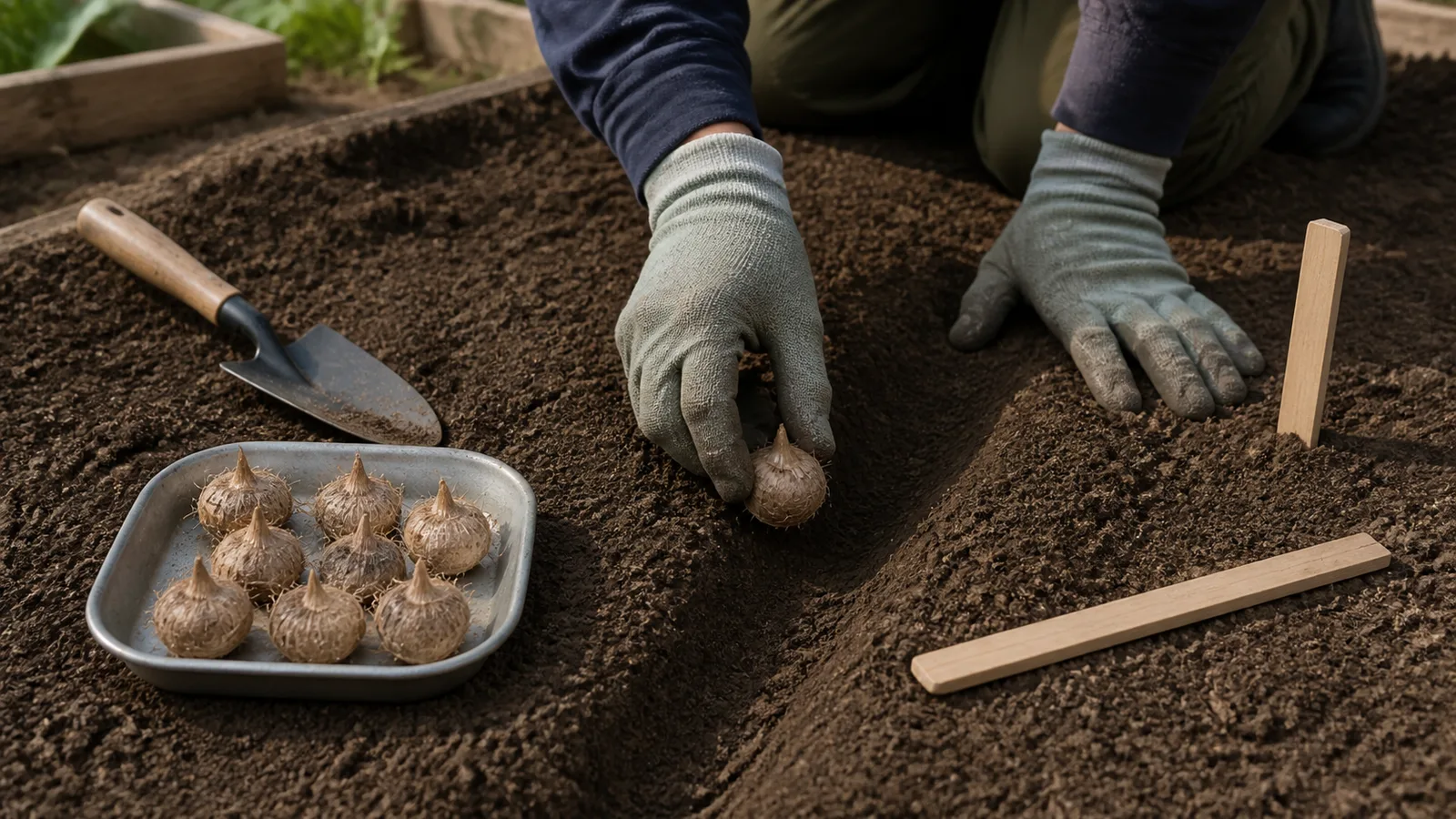 A grower placing healthy saffron corms into a prepared soil row