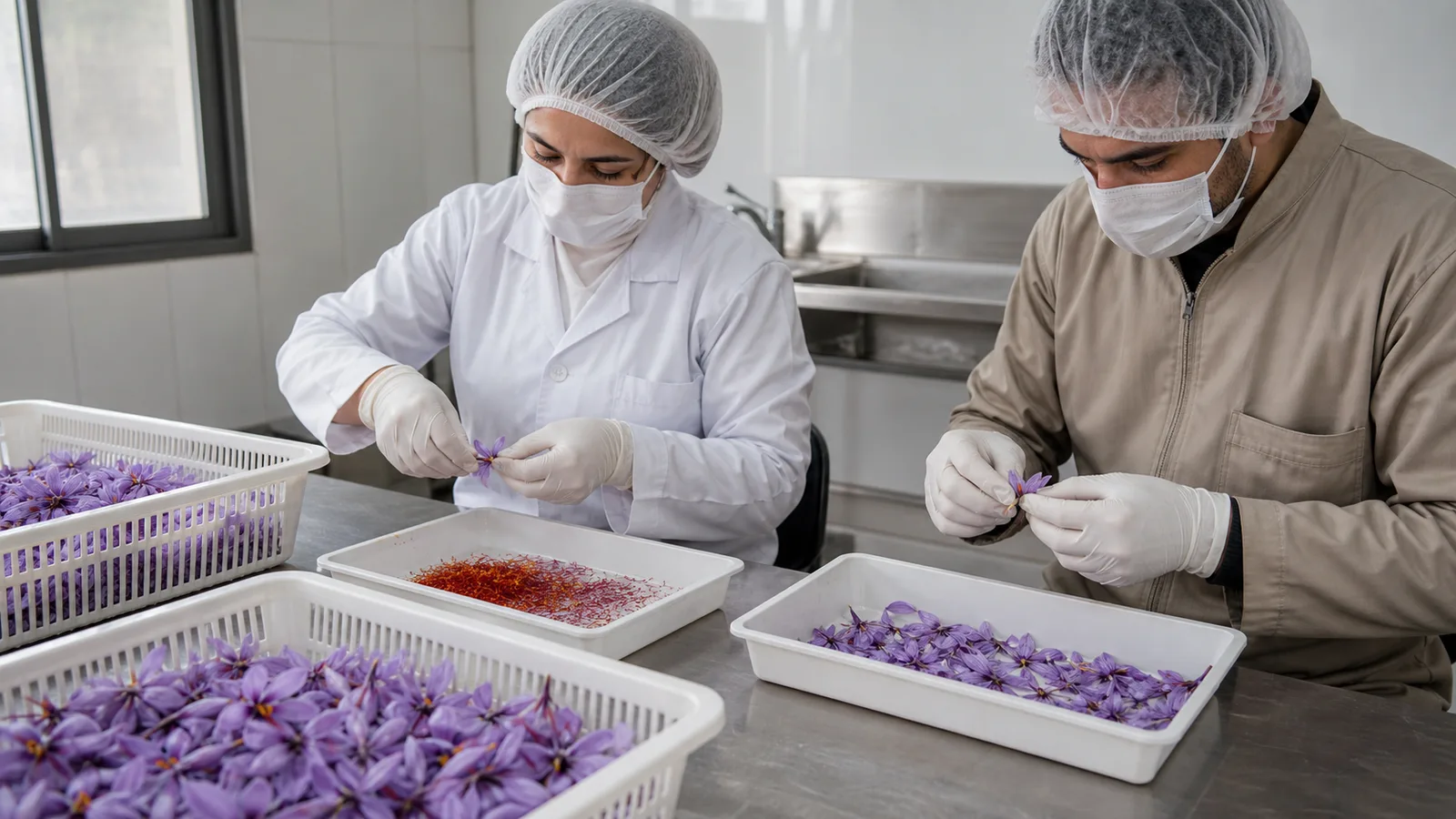 Workers in hair restraints and gloves separating saffron flowers in clean baskets