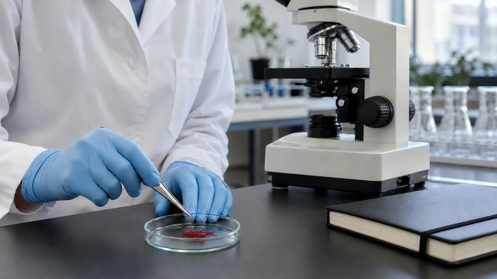 A researcher examining a small saffron sample beside a laboratory microscope