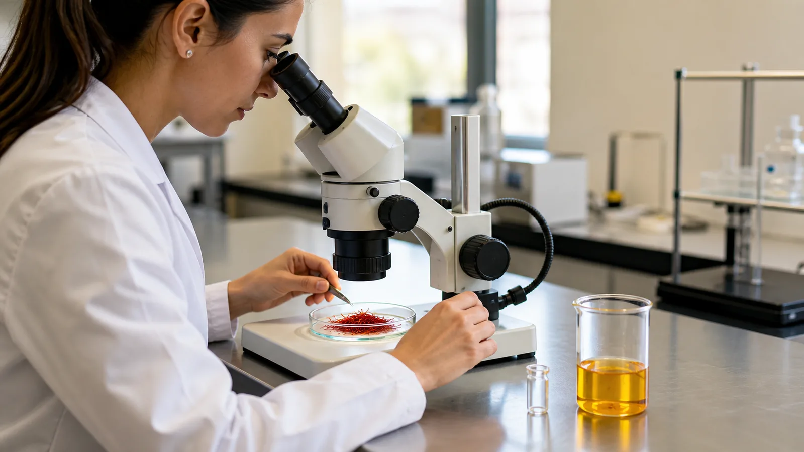 A food quality technician examining saffron threads beside laboratory testing equipment