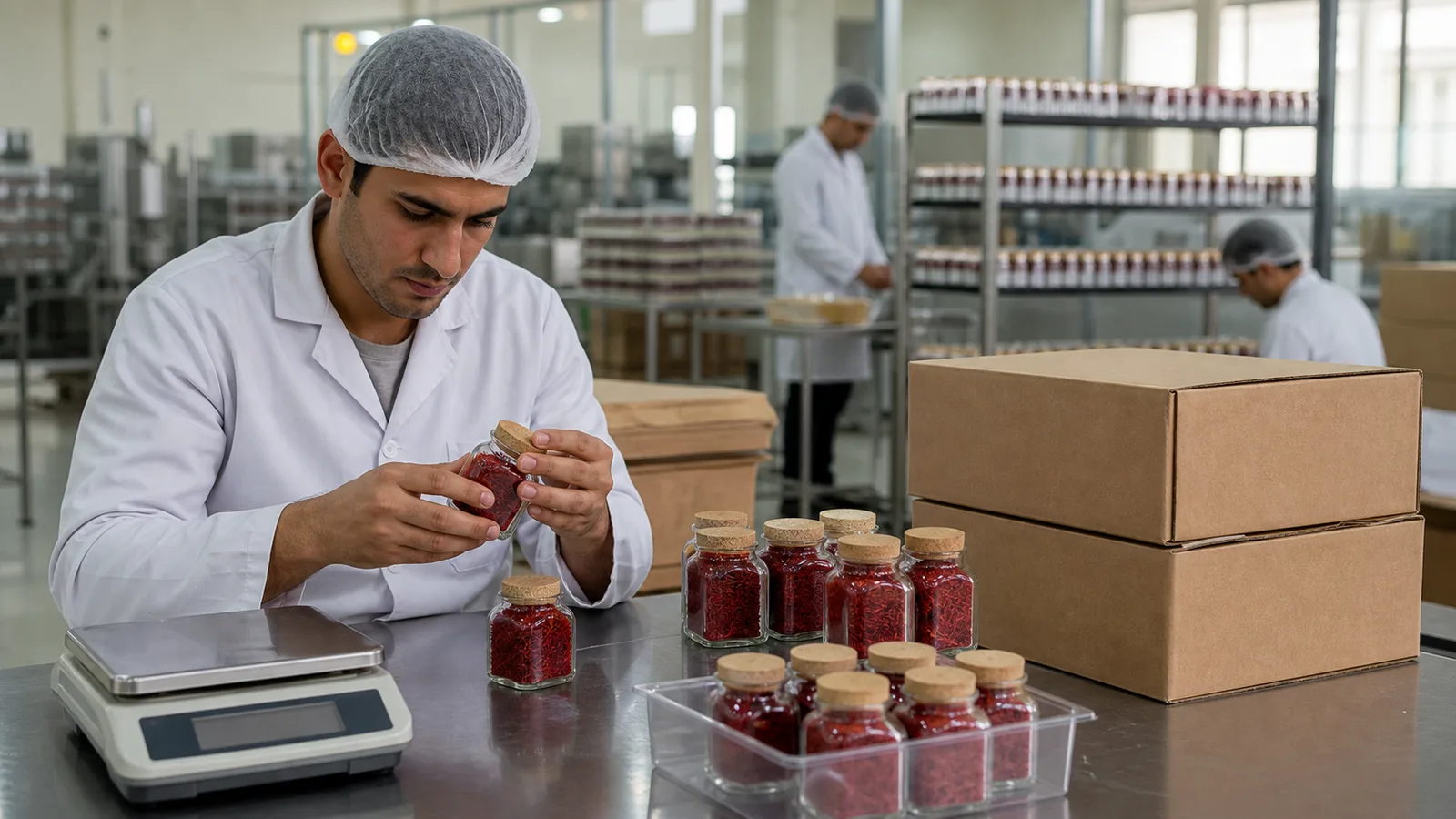 A saffron exporter checking sealed jars and shipping cartons in a modern packing facility